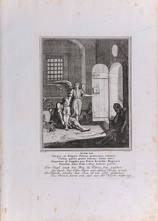 Иоганн Кристоф Вайгель (Старший) (Johann Christoph Weigel) (1654-1725).Освобождение Апостола Петра из темницы. Лист из Нюрнбергской Библии. 1700-е.