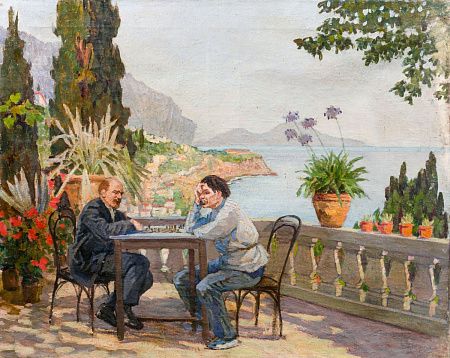 Биленкий Исаак Моисеевич (1889-1950). 
Ленин и Горький играют в шахматы. 1920-е - 1930-е.