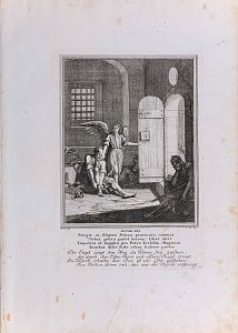 Иоганн Кристоф Вайгель (Старший) (Johann Christoph Weigel) (1654-1725).Освобождение Апостола Петра из темницы. Лист из Нюрнбергской Библии. 1700-е.