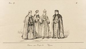 Иков Павел Петрович (1828-1875).
Боярышни при Петре I. Царицы. Лист из альбома литографий "Костюм различных народов". Середина XIX века.