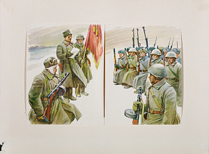 Чебанов Вениамин Карпович (1925-2023).
Зачитывают письмо. Два рисунка к поэме К.Симонова "Сын артиллериста". 1960-е.