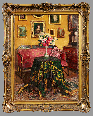 Петровичев Петр Иванович (1874-1947).Интерьер гостиной с букетом роз. 1920-е - 1930-е.