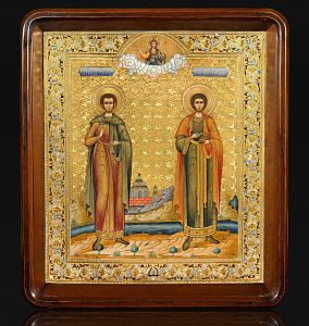 Икона "Мученик Трифон и великомученик Пантелеймон". Конец XIX – начало ХХ века. Мстёра.