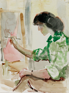 Мыслина Мария Владимировна (1901-1974).Двусторонняя акварель "Художница за работой". "Девушки на пляже". 1960-е.