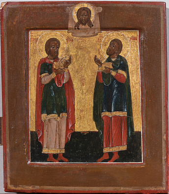 Икона Святые бессеребренники Косма и Дамиан. Россия. Середина XIX века.