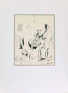 Шемякин Михаил Михайлович (р. 1943).
Когда я об стены разбил лицо и члены (Разговор с палачом).  Лист из альбома "Иллюстрации к стихам и песням В.С.Высоцкого". 1990-е.