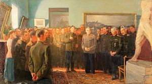 Евстигнеев Иван Васильевич (1899-1967).
"Ворошлов К.Е. на выставке Грековцев в ЦАСА в 1948 году". 1956.