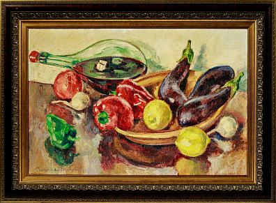 Пожедаев Георгий Анатольевич (1894(7)-1977).Натюрморт с баклажанами. Перцами и сосудом с вином. 1961.