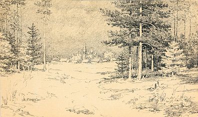 Неизвестный художник. Россия. Вид на село со стороны леса. Конец XIX - начало ХХ века.