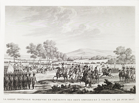 Эдме Бовине (Edme Bovinet) (1767- 1832) по оригиналу  Ж.Ф.Ж.Свебаха (J.F.J. Swebach) (1769-1823).
Тильзит. Смотр войск Александром I и Наполеоном в 1807 году. 1830-е.