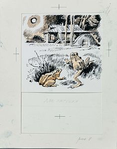 Иткин Анатолий Зиновьевич (р.1931).
Две лягушки. Иллюстрация к книге "Честное слово" Л.Пантелеева. 1979.