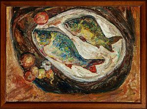 Сорокина Наталья Тихоновна (1918-1991). Натюрморт с рыбами. 1990.