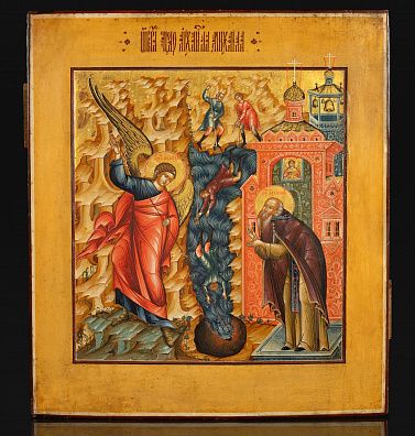 Икона "Чудо Архангела Михаила в Хонех". Начало XIX века. Палех.