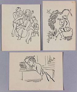 Рудаков Михаил Захарьевич (1914-1985). 
Три эскиза книжных иллюстраций. Музыкальные сцены. 1960-е.