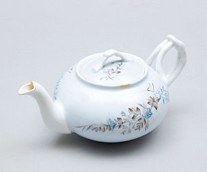 Чайник с изображениями веток цветов. СССР, фабрика М.С. Кузнецова в Дулеве, 1884-89 годы.