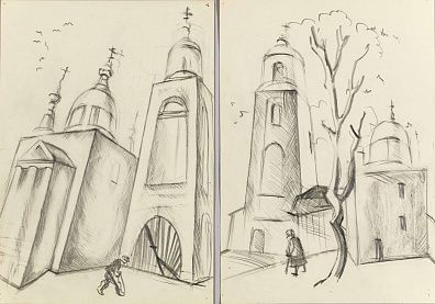 Неизвестный художник. Россия. 
Церковь в Поречье. Два рисунка. 1970-е.