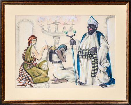 Пожедаев Георгий Анатольевич (1897-1971). Сцена во дворце. Эскиз костюмов для театральной постановки спектакля с библейскими сценами. 1936.