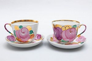 Две большие чайные пары "Агашки". СССР, Дулевский фарфоровый завод, 1991 г.