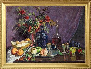 Рейтенбург Этель Моисеевна (1899-1970-е). (?)
Натюрморт с фруктами и букетом рябины. 1960-е - 1970-е.