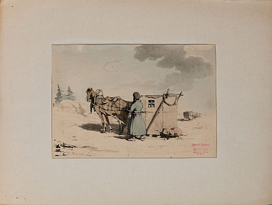 Джон Август Аткинсон ( John Augustus Atkinson) (1775-1830). 
Сани для путешествий. Из цикла "Живописное изображение нравов, обычаев и увеселений русских". Начало XIX века.