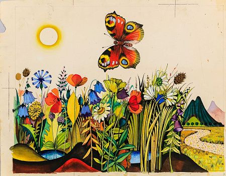 Пивоваров Виктор Дмитриевич (р.1937). Бабочка над цветочной поляной. Иллюстрация к книге И.Пивоваровой "Паучок и лунный свет". 1968.