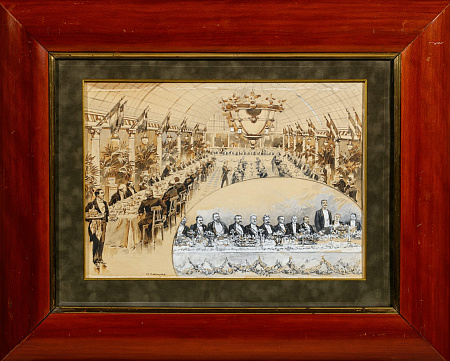 Самокиш Николай Семенович (1860-1944). 
Приём Французской делегации в ресторане «Медведь» на Большой Конюшенной улице во время визита французского президента Э.Ф. Лубе в 1902 году. 1902.