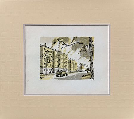 Конашевич Владимир Михайлович (1888-1963). 
Новые дома по Лесному проспекту. Литография из альбома "Ленинград. Новые пейзажи 1917-1932". 1932.