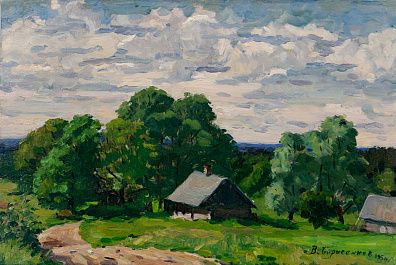 Борисенков Василий Павлович (р.1924). Хутор. Солнечный день. 1950.Картон, масло. 24,5 х 37 см.