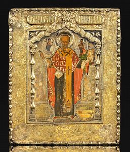 Икона "Святитель Николай Чудотворец (Зарайский)", в серебряном позолоченном окладе. Последняя треть XVII века. Россия.