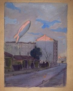 Соколов Илья Алексеевич (1890–1968). Дирижабль над городом. Из серии "Москва в 1942 году". 1942-1943.