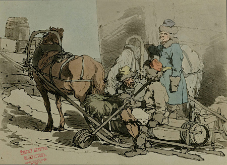 Джон Август Аткинсон ( John Augustus Atkinson) (1775-1830). 
Везут рыбку на рынок. Из цикла "Живописное изображение нравов, обычаев и увеселений русских". Начало XIX века.