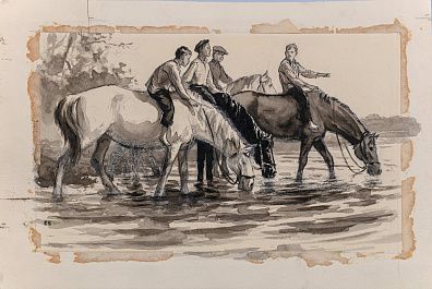 Баранов Петр Иванович (1914-?). На водопое. Иллюстрация к повести А. И. Мусатова "Дом на горе" для журнала "Пионер". 1947.