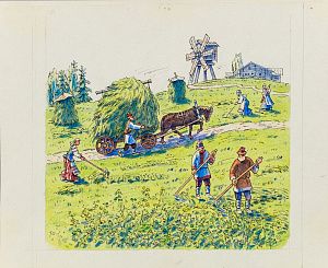 Сафиулин Харяс Абдулкадерович (р. 1940). 
Иллюстрация для детской книги "Как строили на Руси" 1997.