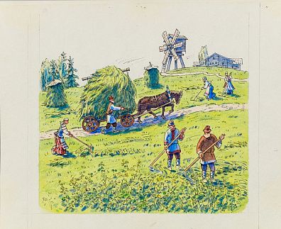 Сафиулин Харяс Абдулкадерович (р. 1940). 
Иллюстрация для детской книги "Как строили на Руси" 1997.
