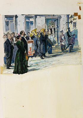 Лурье Аркадий Александрович (1916-1990). Уличный оркестр. Эскиз иллюстрации к книге Ю.Д. Дмитриева "Рассказы о Григории Ивановиче Котовском". 1961.