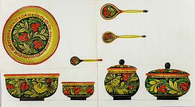 Архипова Зоя Арсентьевна (р.1926). Хохлома, Ковернино, Семино. Эскиз росписи. 1977.