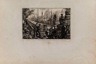 Пиранези Джованни Батиста (Piranesi Giovanni Battista) (1720-1778). Вид на один из старинных цирков в окружении других памятников. Лист из альбома "Различные работы, посвященные архитектуре, перспективе, гротеску и античности...". 1761.