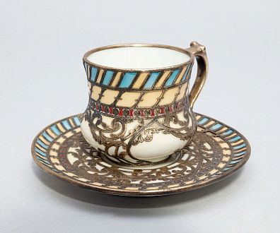 Кофейная пара с перегородчатой эмалью. Франция, Лимож, фабрика "JEAN POUYAT", начало XX века.