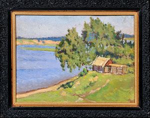 Неизвестный художник. Россия. Банька на берегу озера. 1940-е - 1950-е.