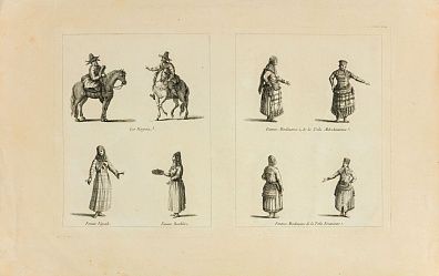 Неизвестный художник. Западная Европа. Костюмы народов Российской империи. Лист из альбома "Физическая, нравственная, гражданская и политическая история России. Атлас.(Histoire physique, morale, civile et politique de la Russie : Atlas.)" 1783.