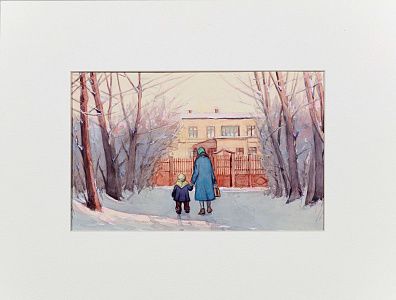 Носко Виктор Александрович (1925-2007)."В детский сад". Иллюстрация к книге Г.Скребицкого "Снеговик". 1957.