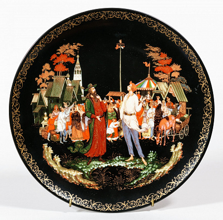Тарелка "Сказка о Попе и работнике его Балде". СССР. Палех. Автор О.Ан. 1989.