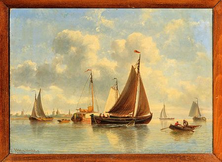 Иоганн Якоб Антон Хильвердинк (Johann Jacob Anton Hilverdink) (1837-1884). Пейзаж с парусниками. Вторая половина XIX века.