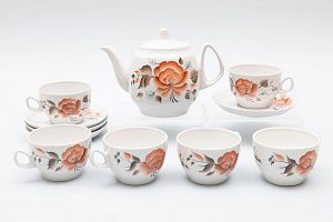 Чайный набор "Персиковые розы". СССР, Капчагайский фарфоровый завод, 1975-91 годы.