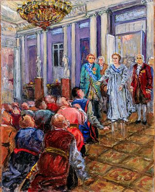 Неизвестный художник. Россия.
Казаки перед императрицей. Иллюстрация к повести Н.В. Гоголя "Ночь перед рождеством". Последняя треть ХХ века.