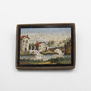 Брошь-мозаика "Деревенский пейзаж с видом на мост". Италия, Рим, конец XVIII - начало XIX века.