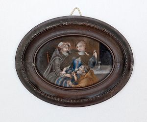 Миниатюра "Юная девица и монахи" ("Сусанна и старцы" ?). Западная Европа, вторая половина XVIII века.