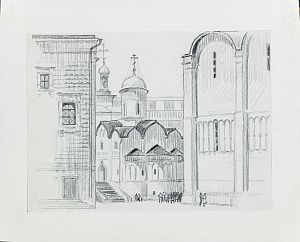 Усачев Николай Васильевич (р.1934). 
Вид на церковь Ризоположения и Грановитую палату. Иллюстрация к книге Е.И.Осетрова "Мое открытие Москвы". Середина 1980-х.