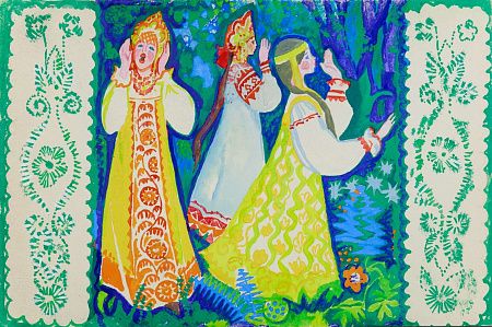 Большакова Ирина Ивановна (1936-2011). 
Подружки ищут Снегурочку. Эскиз диафильма "Снегурочка". 1969.