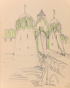 Неизвестный художник. Россия. 
Пейзаж с въездными воротами. 1970-е.